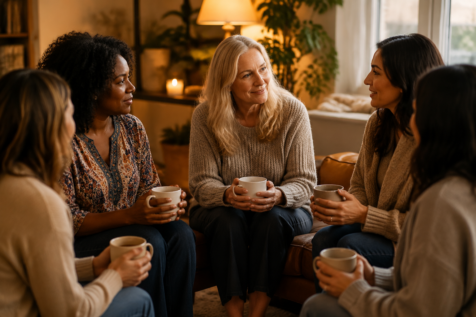 A small circle of people holding warm mugs in a cozy living room during a compassionate support gathering