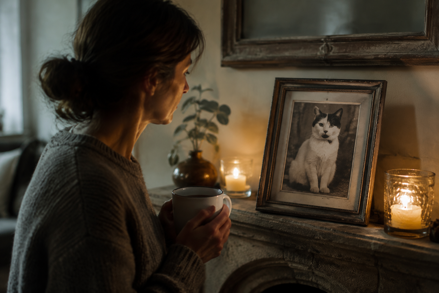 A person gazing at an old framed photo of their Sphynx cat by candlelight, comforted by the memory