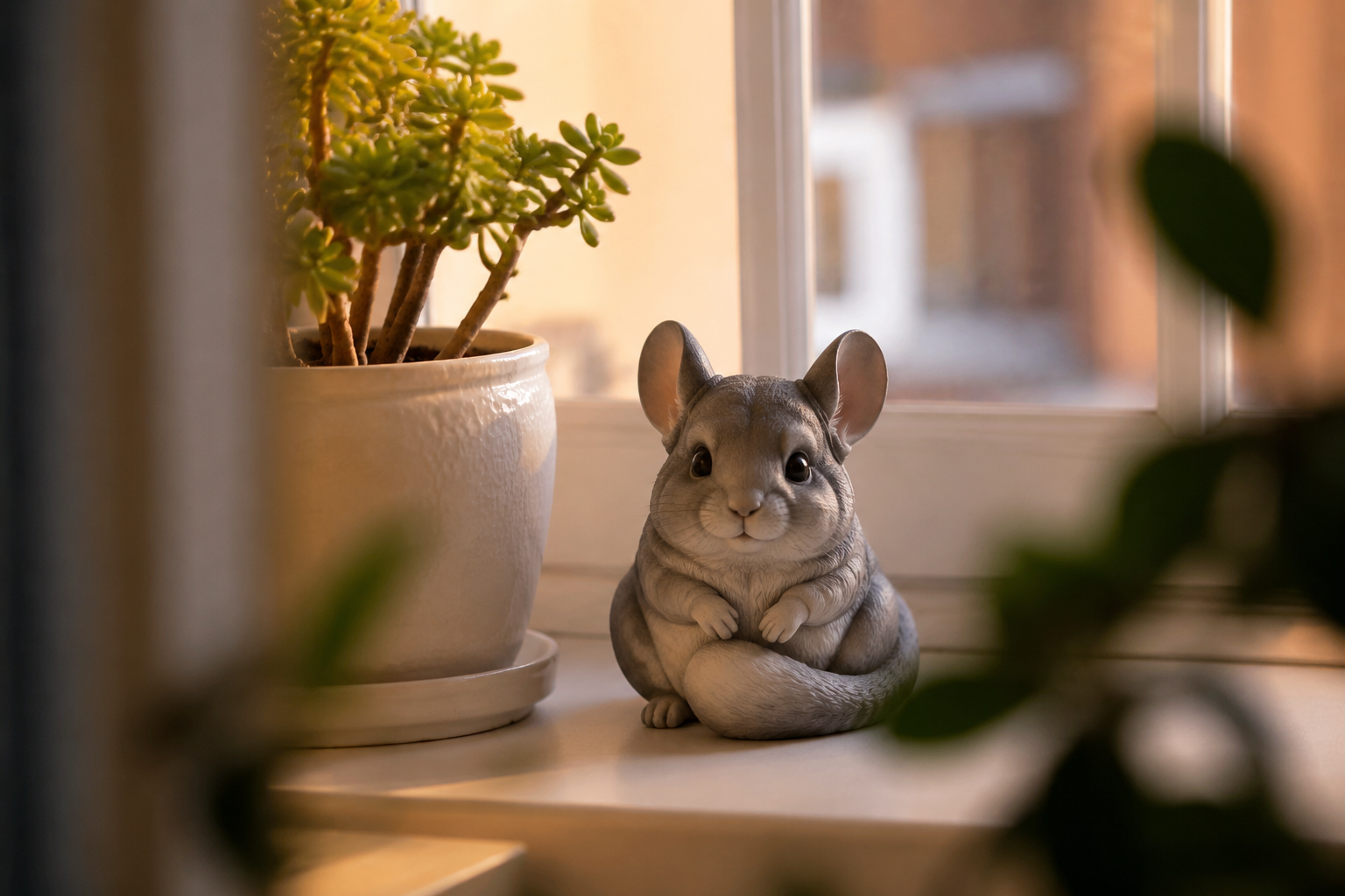 Chinchilla figurine sitting upright with round ears and plush coat — in-article view