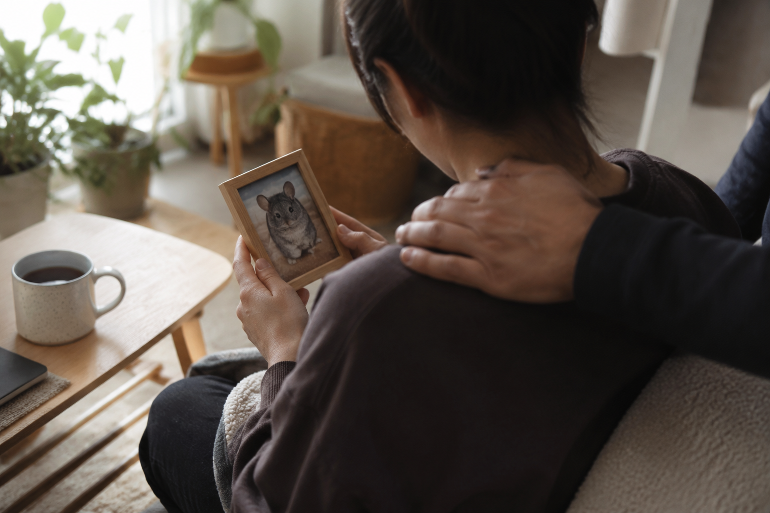 An adult holding a framed photo of their chinchilla while a parent rests a comforting hand on their shoulder