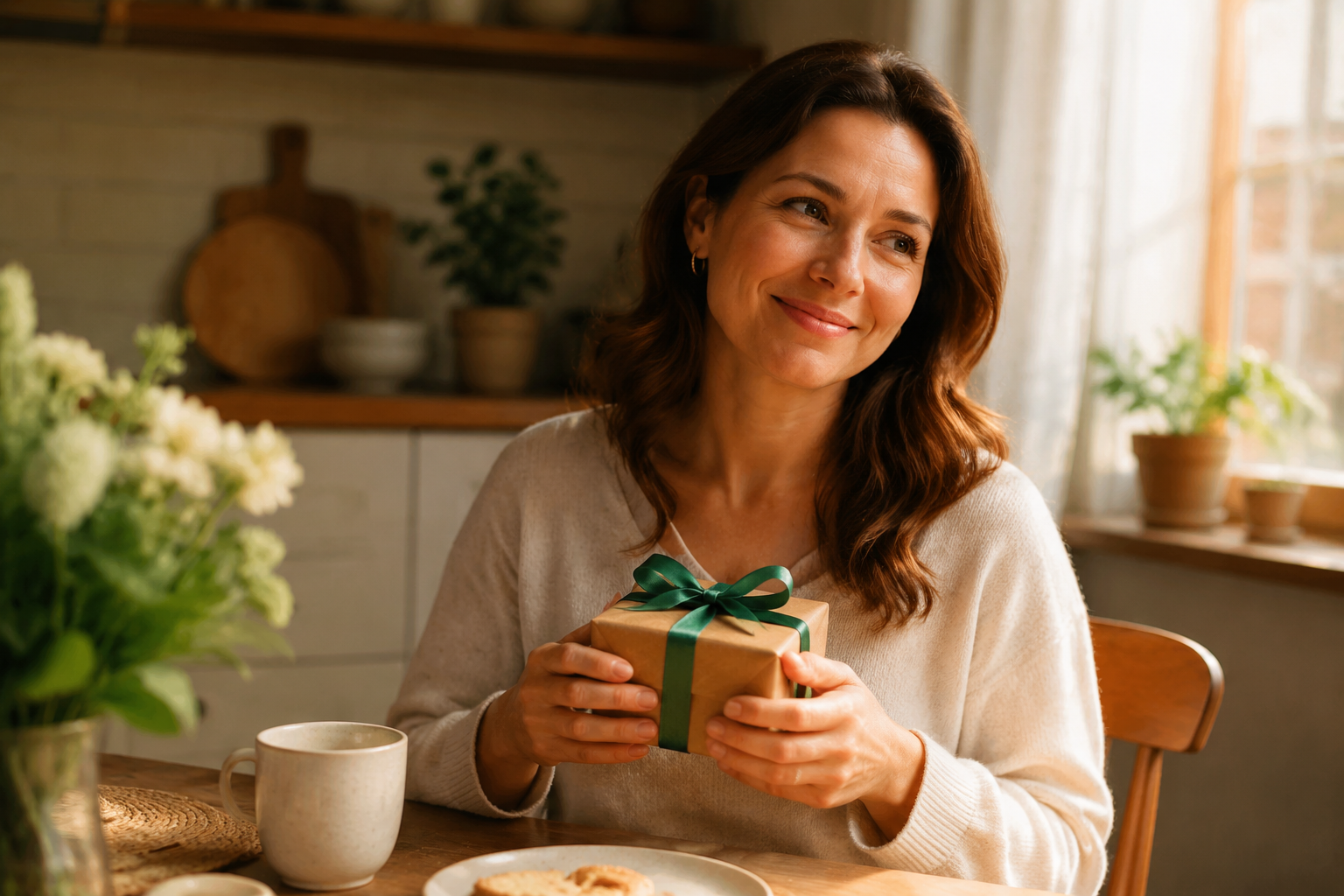 A mother smiling softly while holding a small wrapped gift at a cozy kitchen table in gentle hopeful light