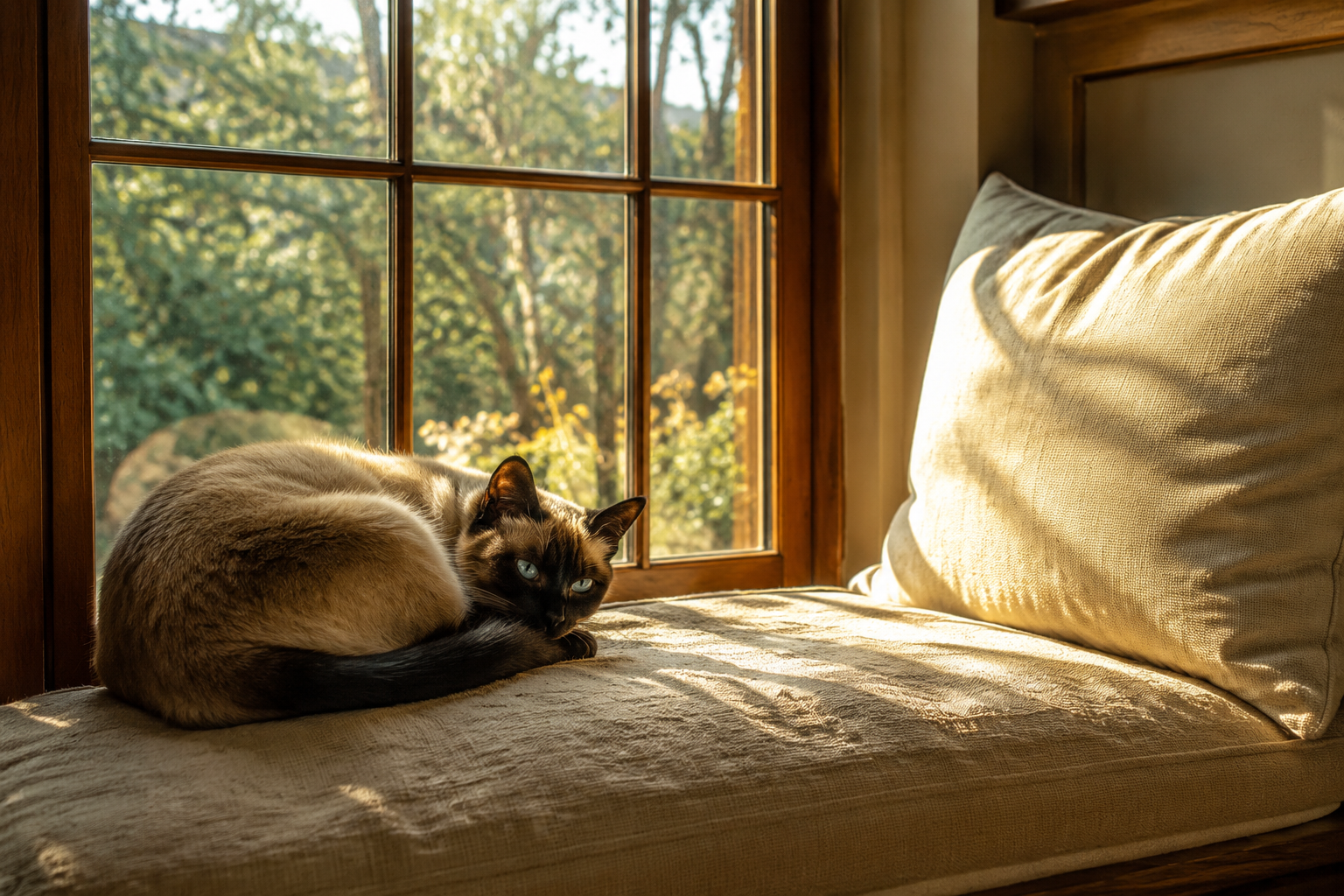 A Siamese cat resting in soft window light beside an empty cushion, evoking quiet anticipatory reflection