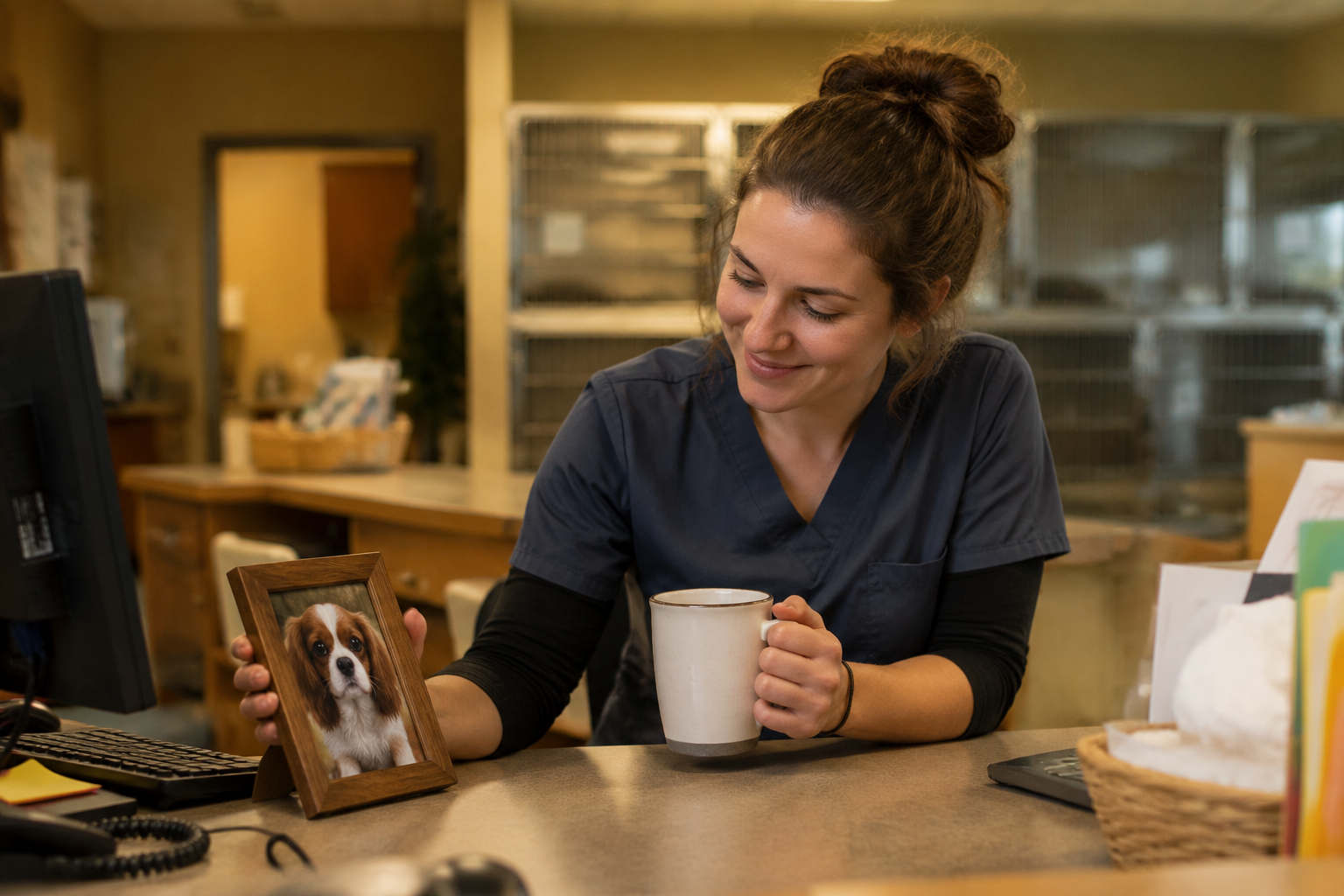 Vet tech on break smiling at a small framed Cavalier King Charles photo at their clinic desk with coffee in hand
