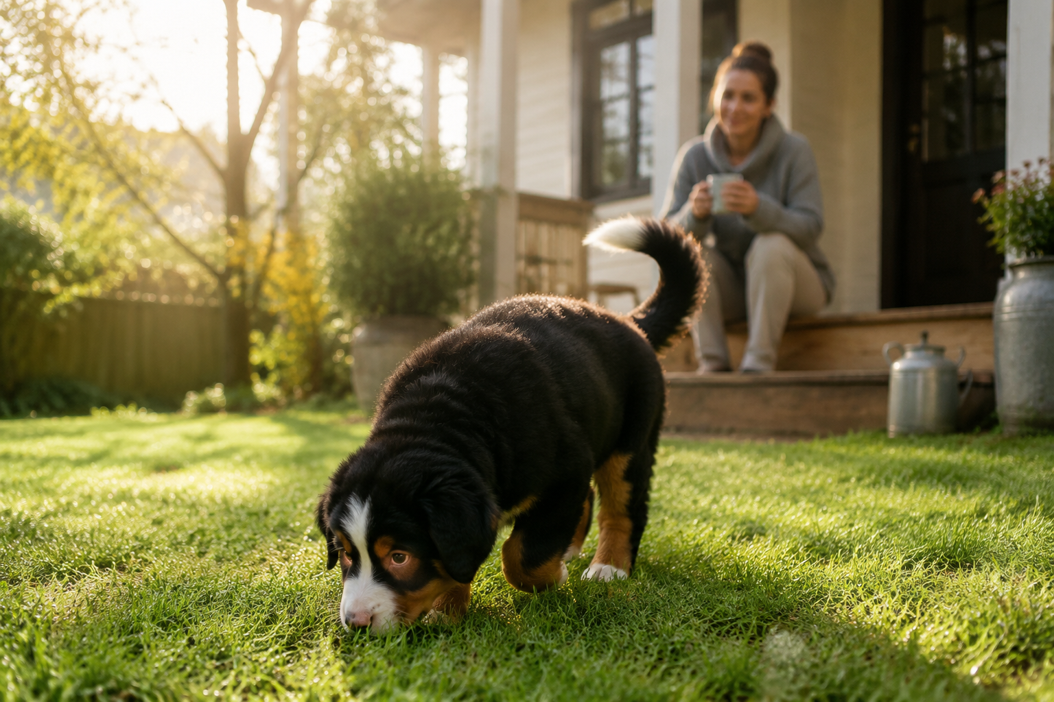 Bernese Mountain Dog pupy exploring a backyard for the first time sniffing grass while owner watches from porch with coffee