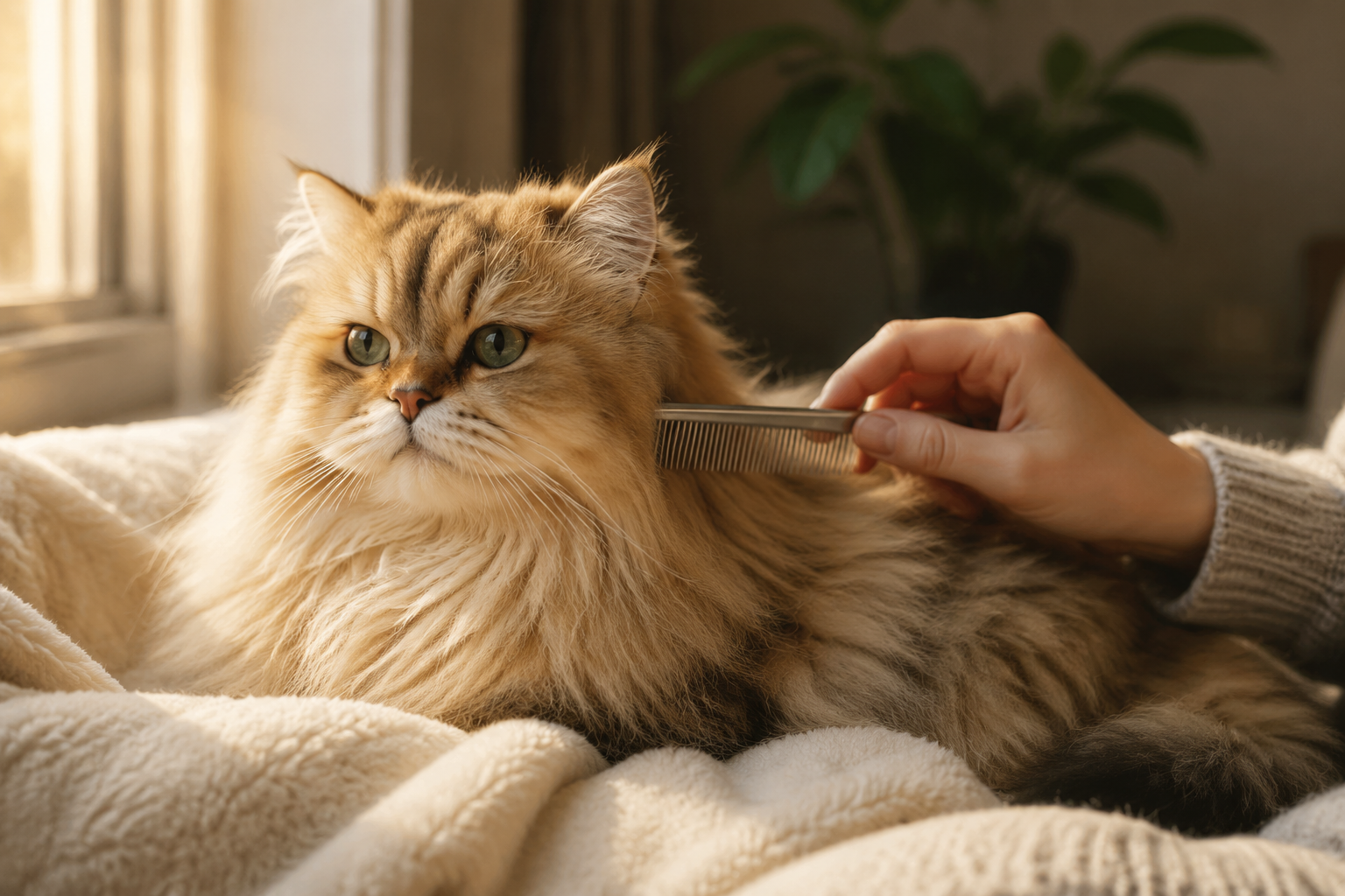 A fluffy Persian cat being gently combed on a soft blanket, illustrating careful long-coat grooming