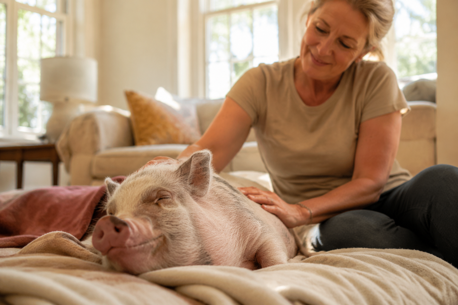 A content senior mini pig lying on a soft blanket in a sunlit living room while its owner sits calmly nearby