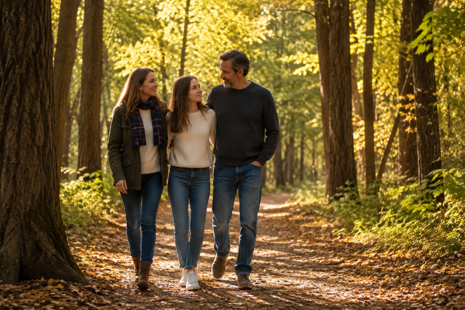 Family of three walking together on a woded autumn trail in golden dappled light without a dog, mood bittersweet but connected