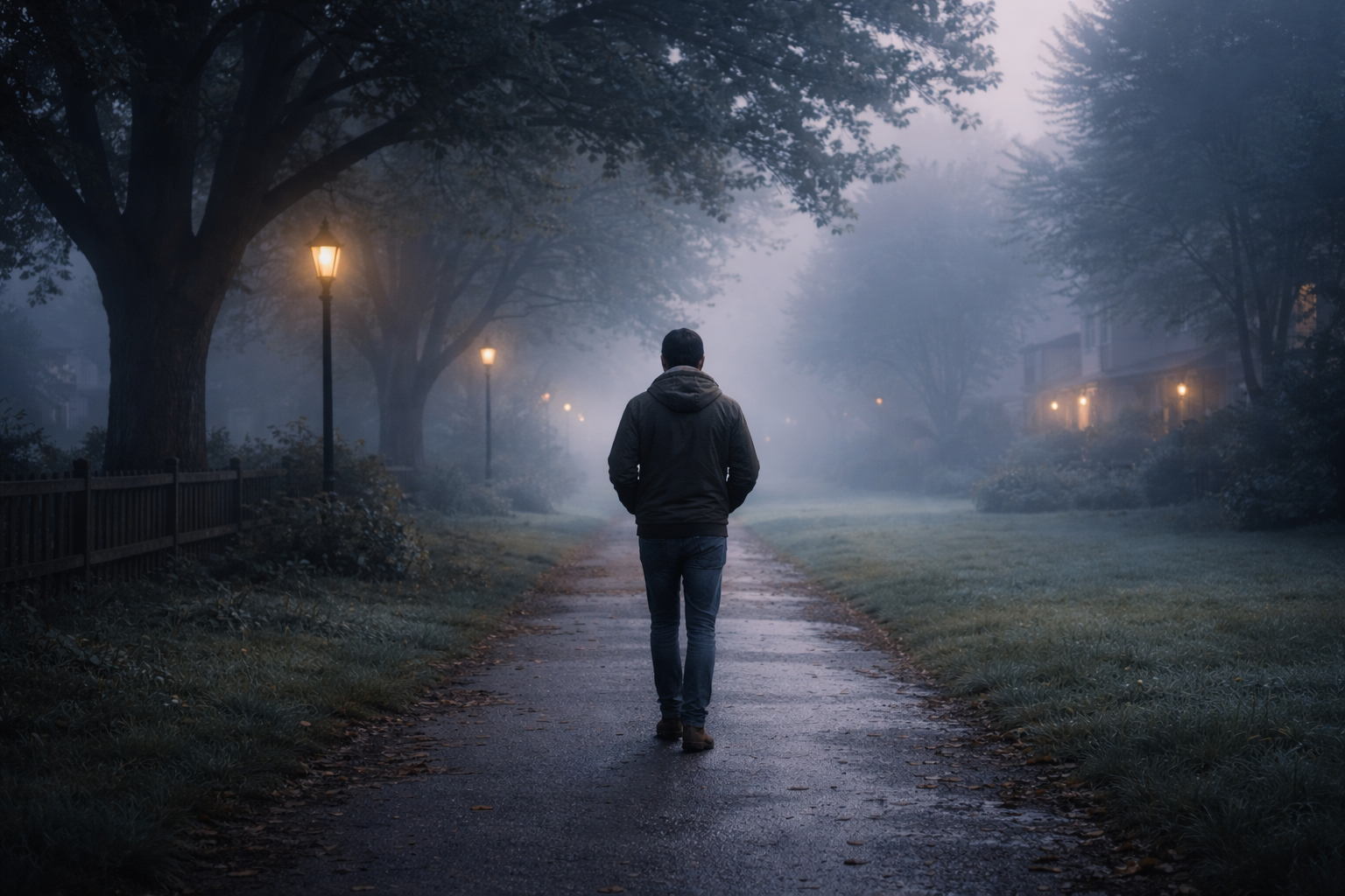 Person walking alone on a familiar neighborhood path in early morning mist with deliberate meditative steps