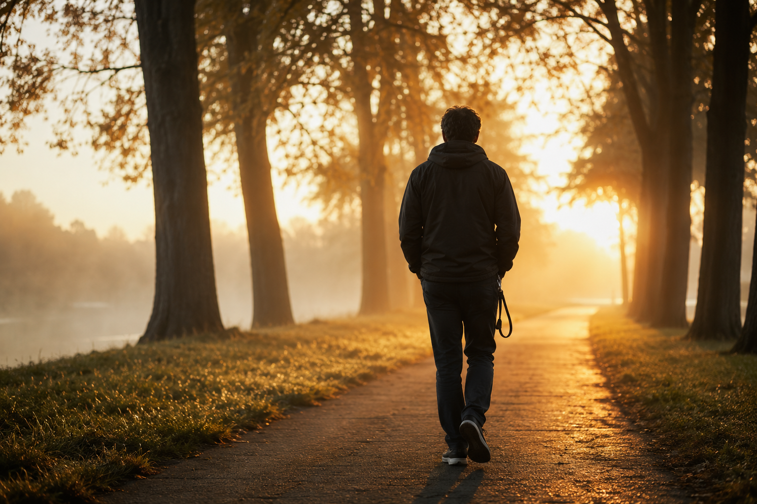 Person walking alone on a misty tree-lined path at dawn with an empty leash clipped to their belt loop
