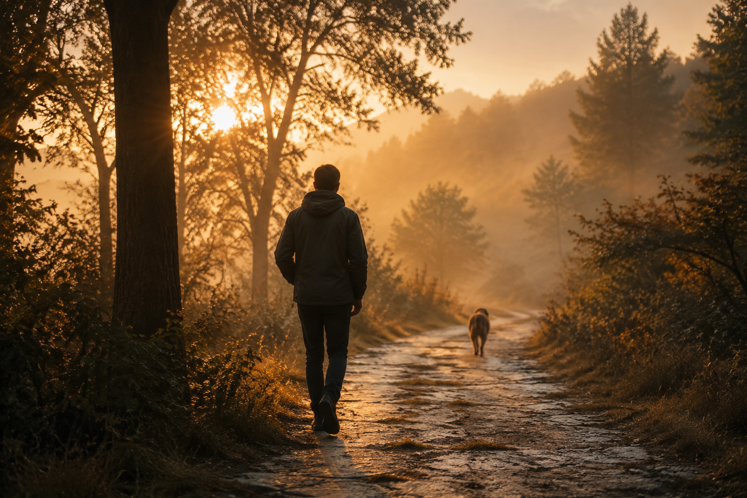 A person walking a misty woodland trail at sunrise with one dog ahead, a quiet healing moment in grief