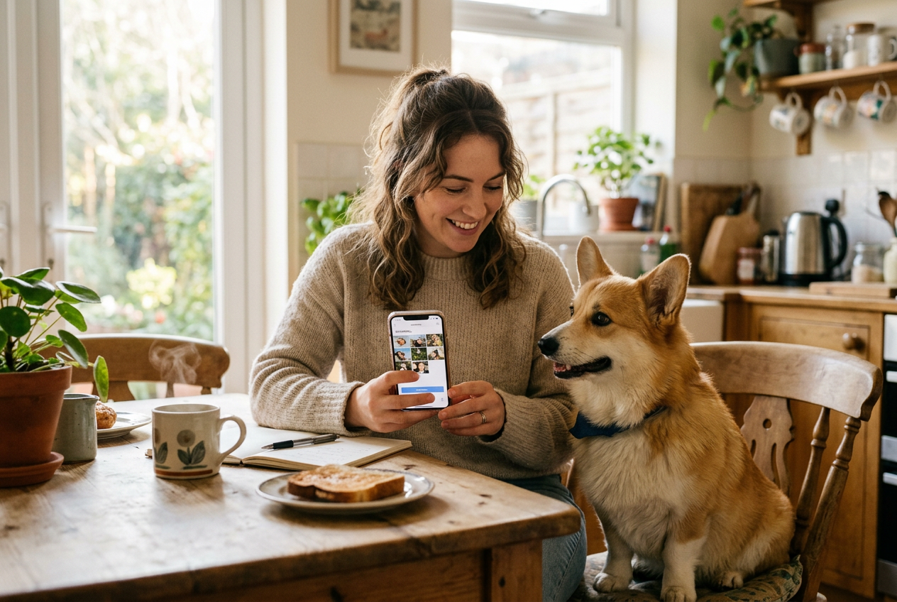 Person uploading pet photos from their phone at a kitchen table with their Corgi sitting beside them