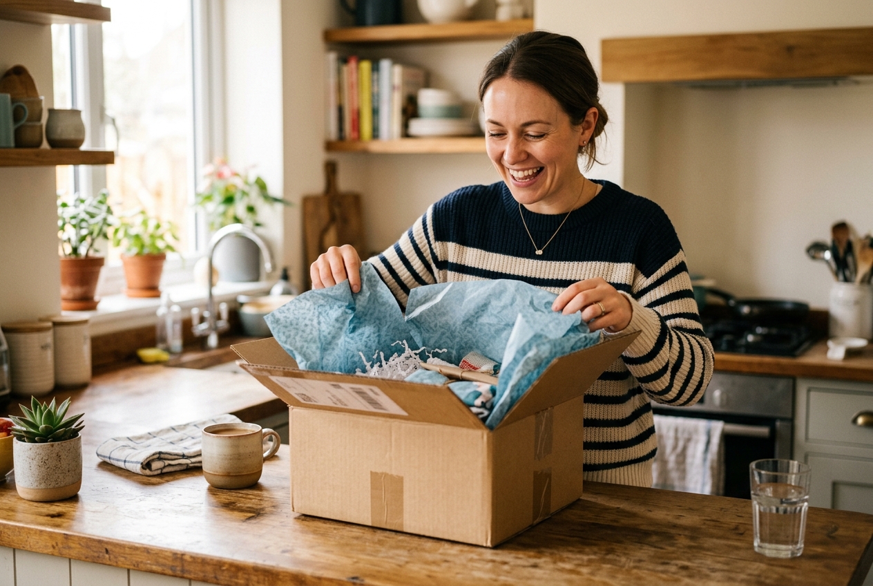 Person excitedly opening a carefully packaged delivery box at a kitchen counter with tissue paper inside