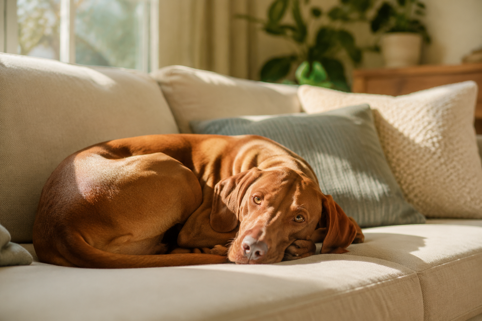 A short-coat Vizsla curled comfortably on a sunlit living-room sofa, relaxed in a cozy home setting