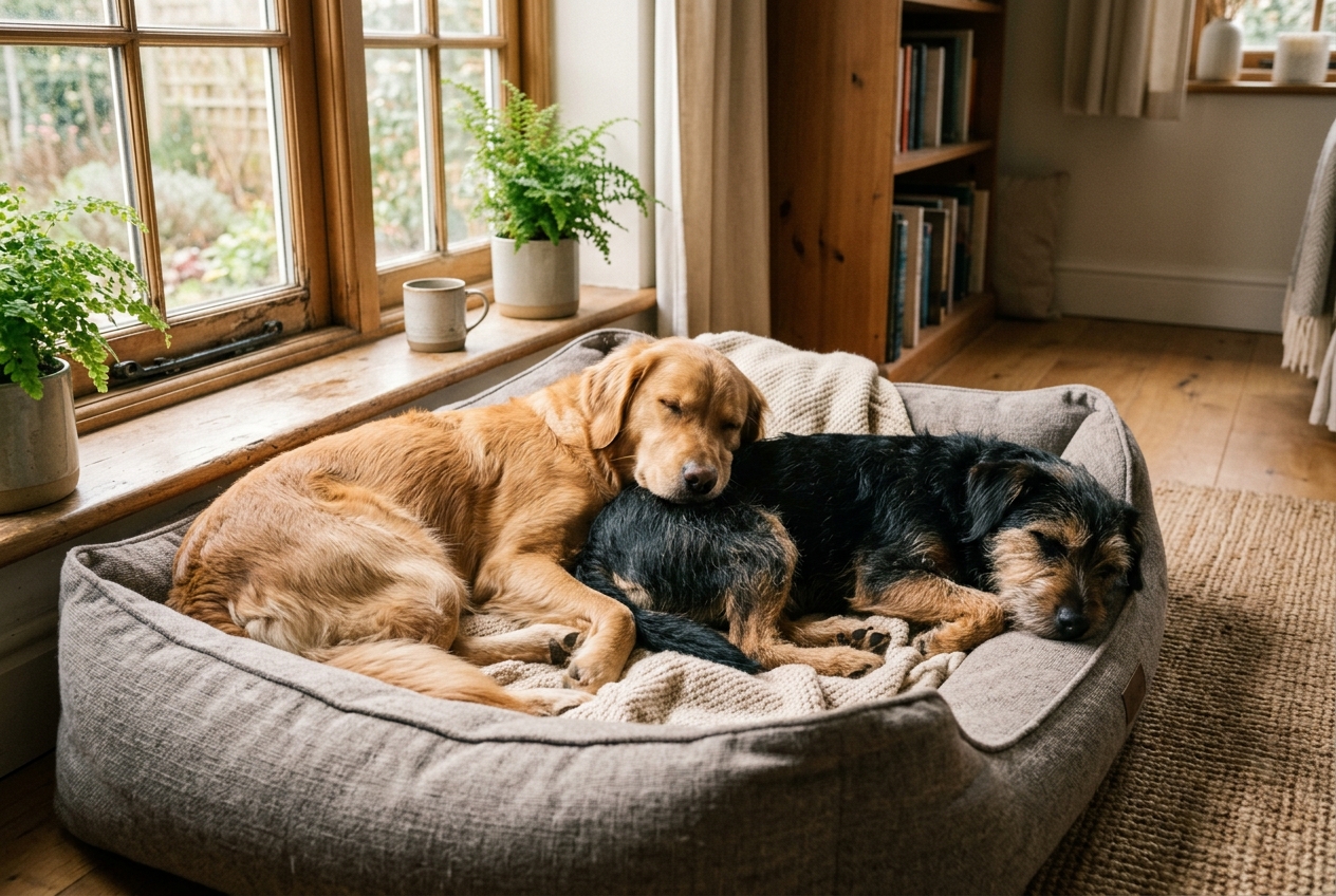 Two dogs lying together on a dog bed near a sunny window with one resting its head on the other
