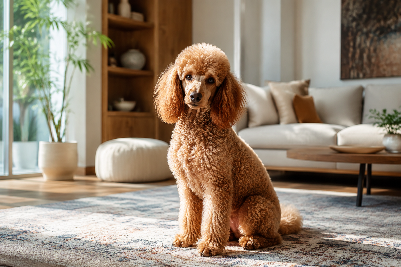 A well-groomed curly-coated Poodle sitting elegantly on a rug in a bright modern living room in soft light