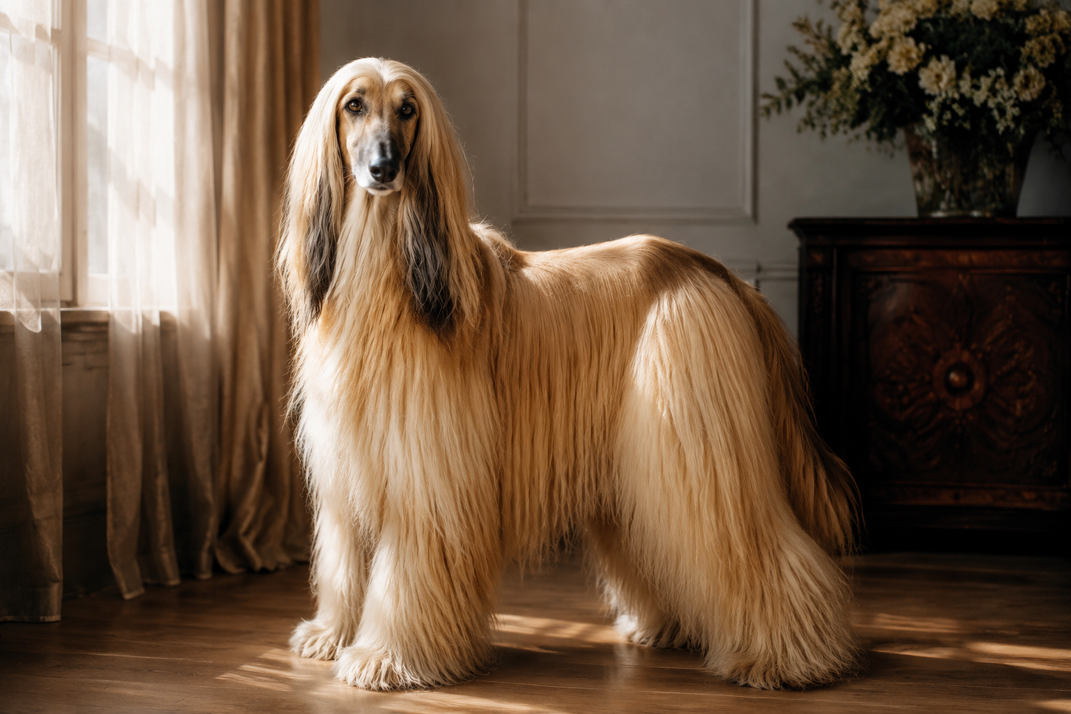 A long-coated Afghan Hound standing in soft window light, its silky flowing coat catching the glow