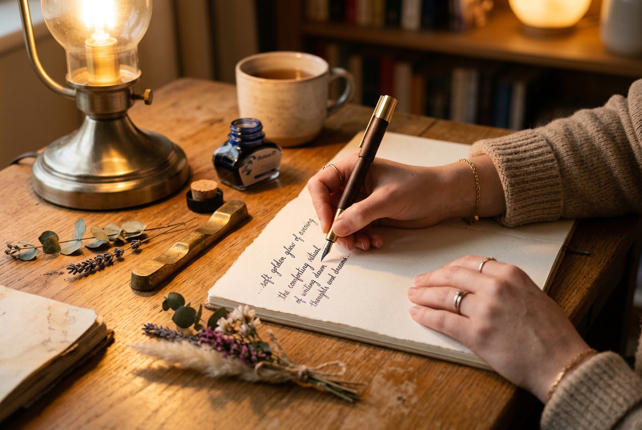 Close-up of hands writing on stationery with a fountain pen under warm desk lamp light with dried flowers