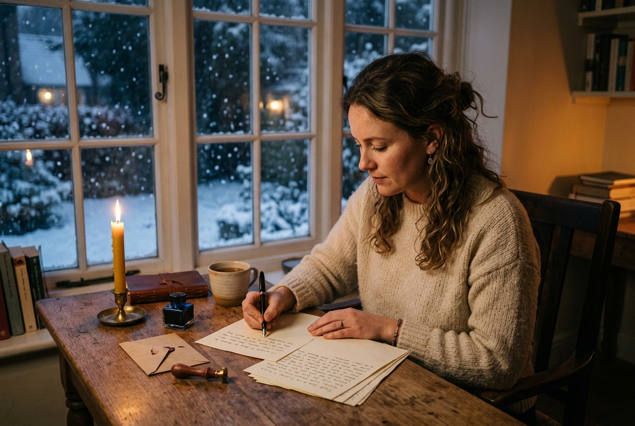 Person writing a handwritten letter at a wooden desk by candlelight with snow falling outside the window