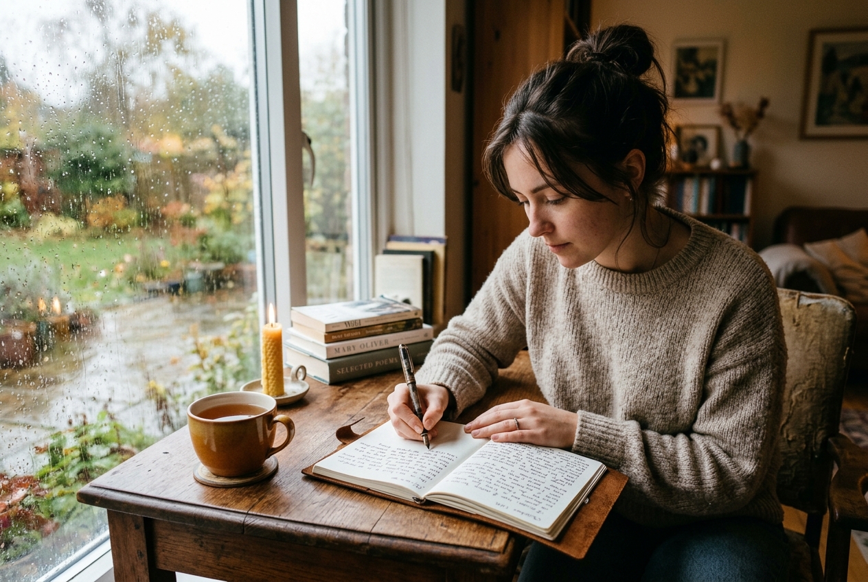 Person writing in a journal at a cozy desk near a rain-streaked window with a cup of tea in soft ambient light