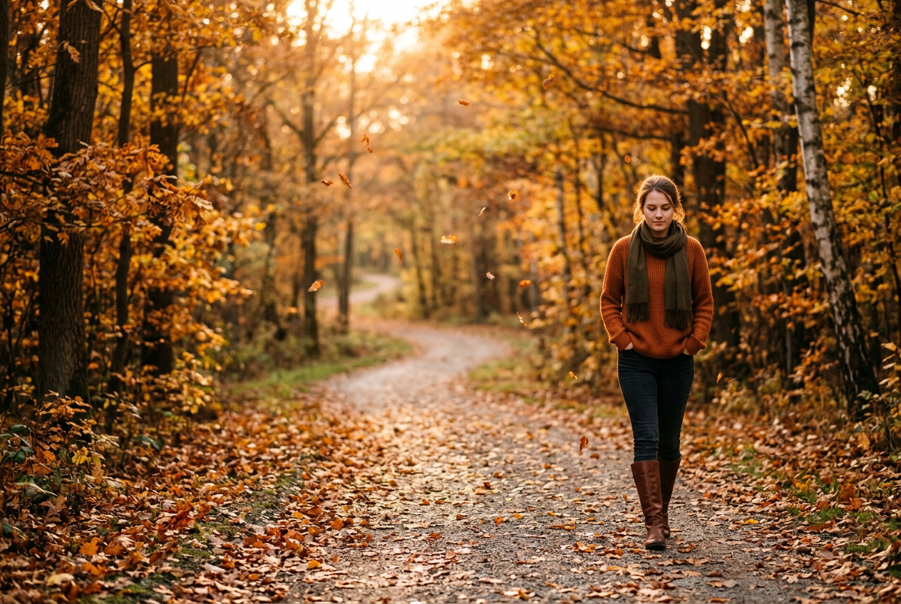 Person walking alone through an autumn park at golden hour, finding peace after a difficult decision