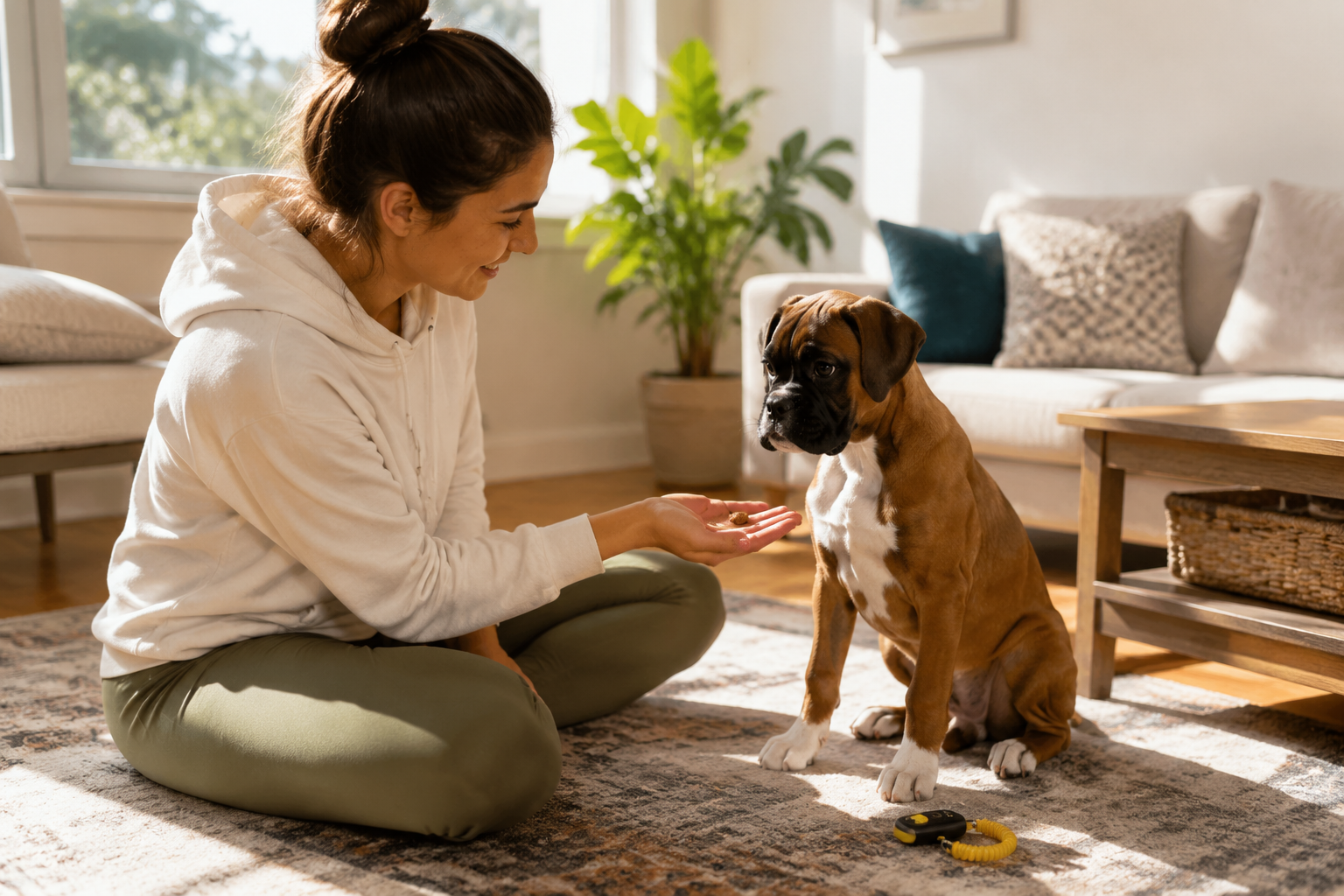 First-time owner sitting on the floor offering a treat to their young Boxer in a sunny living room with training tools nearby
